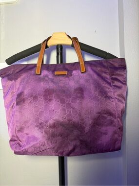 Gucci Purple GG Monogram Tote with Tan Leather Handles with COA